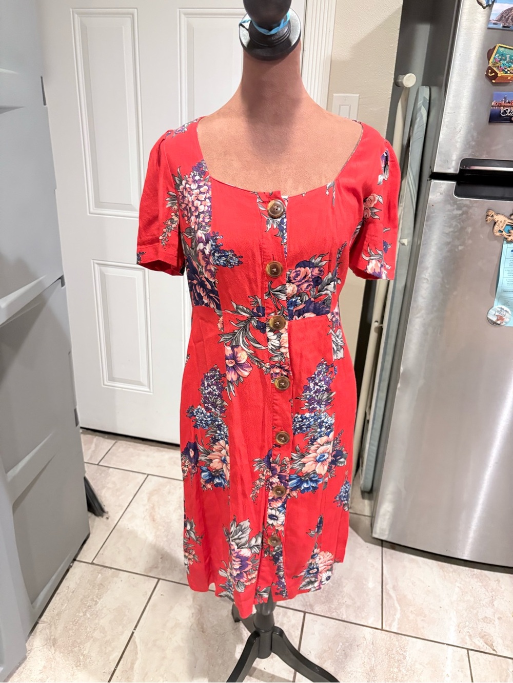 Anthropologie Red Floral Button-Front Midi Dress